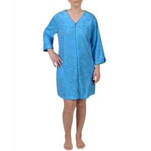 NEW! Miss Elaine Women's Sz S Floral-Embossed Short Zipper Robe Blue